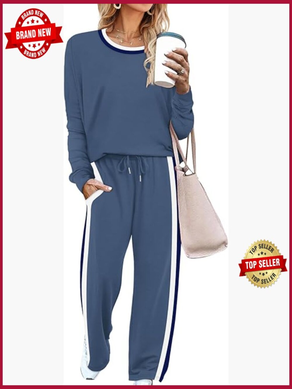 2 Piece Lounge Set Long Sleeve Top Wide Leg Sweatpants with Pockets